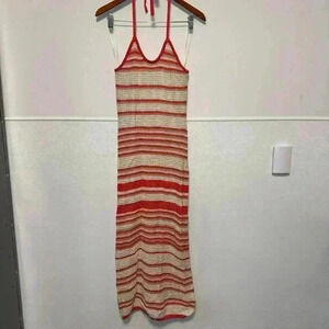 NWT!!! Freshman 1996 / Orange & Cream Striped Crochet Halter Maxi Dress / Size M